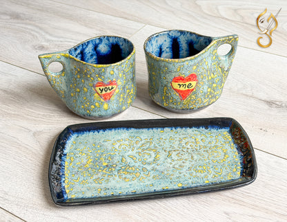 You & Me – Handcrafted Ceramic Coffee Mug Set with Tray