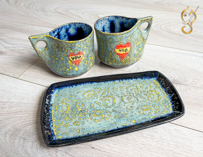 You & Me – Handcrafted Ceramic Coffee Mug Set with Tray